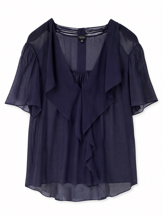 Babaton Tops - BABATON 100% Silk Sheer Ruffle Blouse Draped Boho Luxe Navy Medium Top